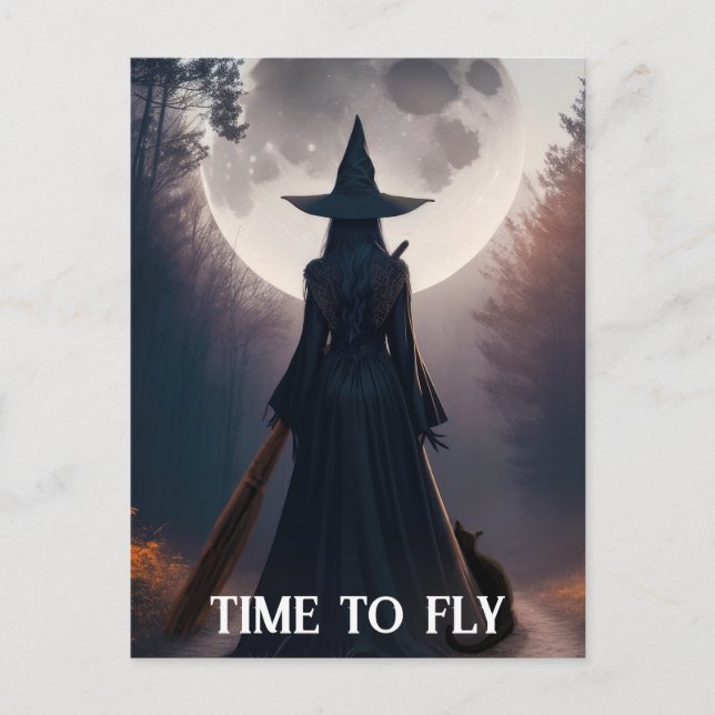 Cartão Postal Halloween Bruxa Negra-Lua, Gato Negro, Whimsigoth (Frente)