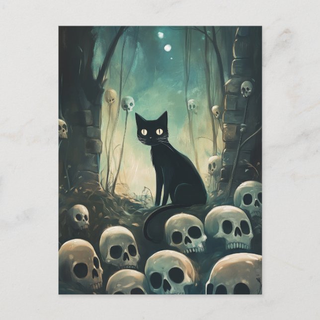 Cartão Postal Halloween Cat and Skulls (Frente)