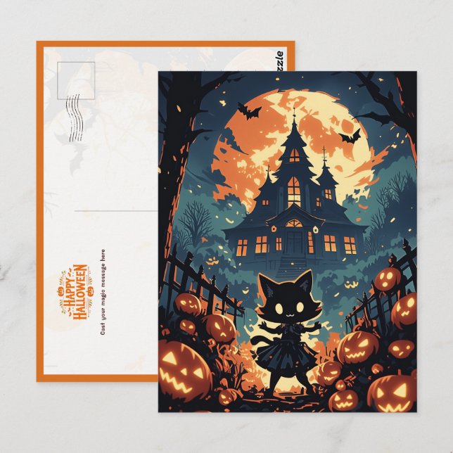 Cartão Postal Halloween Cat Girl at the Haunted House (Frente/Verso)