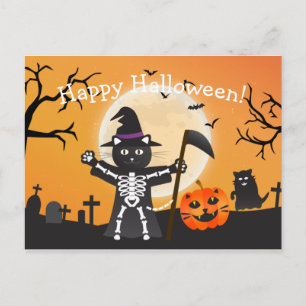 Cartão Postal Halloween Cat Grim Reaper