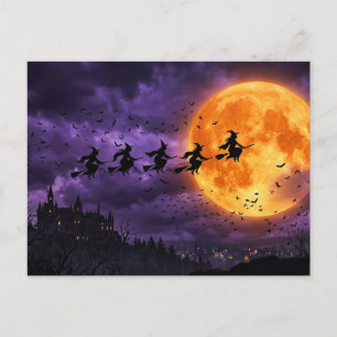 Cartão Postal Halloween com Lua e Bruxa