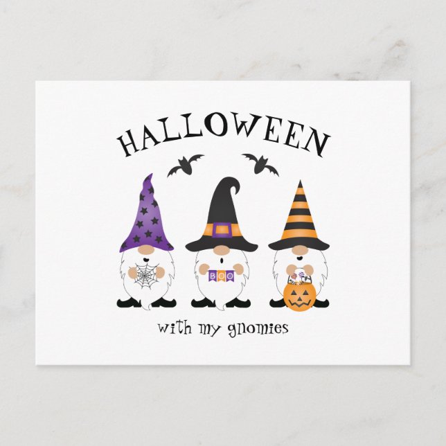 Cartão Postal Halloween Com Minha Gnomos Laranja Roxo (Frente)