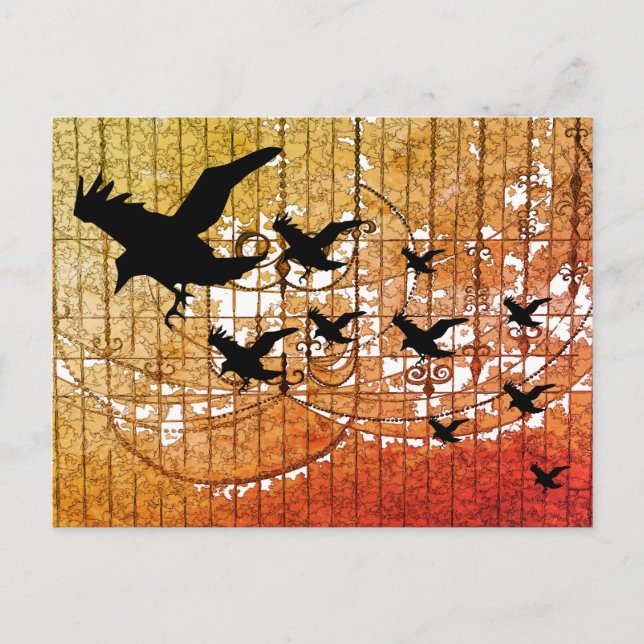 Cartão Postal Halloween Corws voa através de chamas assombradas  (Frente)