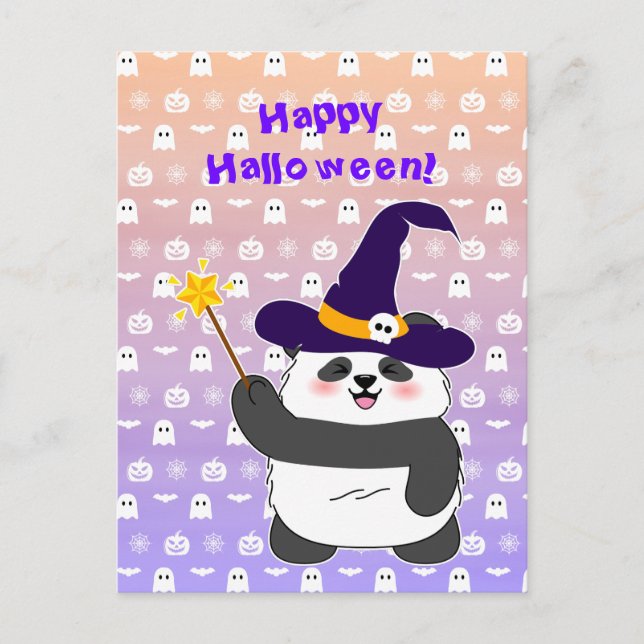 Cartão Postal Halloween Cute Baby Panda Witic Wand (Frente)