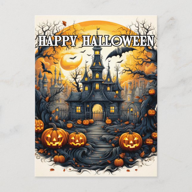 Cartão Postal Halloween da Casa Assombrada Spooky (Frente)