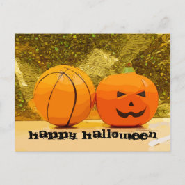 Cartão Postal Halloween de basquete com basquete e abóbora