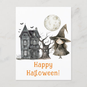 Cartão Postal Halloween de bruxa assombrada de bruxa