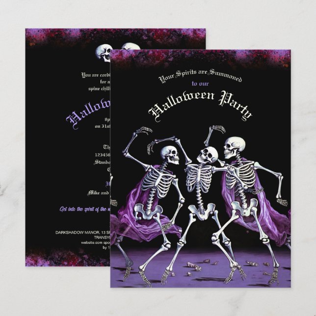 Cartão Postal Halloween de Skeletons de Dança Roxo de Orçamento (Frente/Verso)