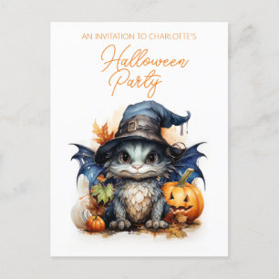 Cartão Postal Halloween do Dragão Bebê com Aquarela Infantil do 