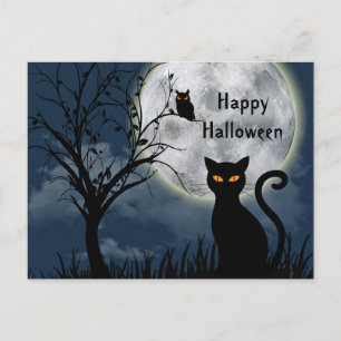 Cartão Postal Halloween do Gráfico da Lua de Gato Negro Bonito