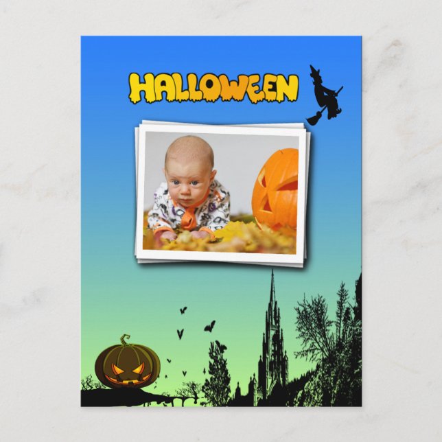 Cartão Postal Halloween Dusk com Witch Adicionar Fotografia (Frente)