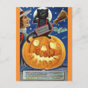 Cartão Postal Halloween Engraçado Vintage Bruxa Negra Gato Negra