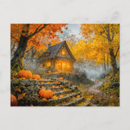 Cartão Postal Halloween Forest Cottage with Pumpkins, Stone Path