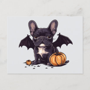 Cartão Postal Halloween French Buldogue Wings Pumpkins