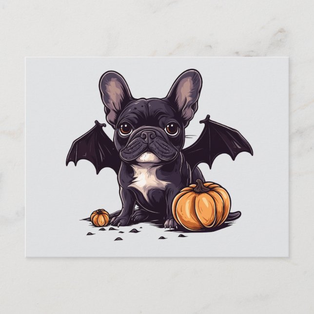 Cartão Postal Halloween French Buldogue Wings Pumpkins (Frente)