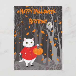 Cartão Postal Halloween Gatinho Fofo & Abóbora Jack-o’-lante