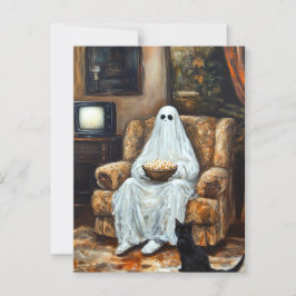 Cartão Postal Halloween Ghost assistindo TV com pipoca
