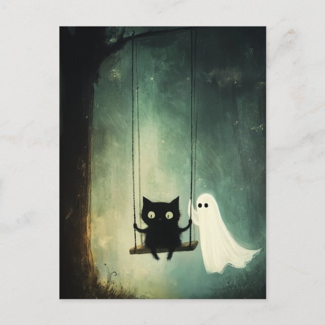Cartão Postal Halloween Ghost, Cat on Swing (Frente)