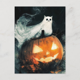 Cartão Postal Halloween GhostCat e Jack o Lanterna