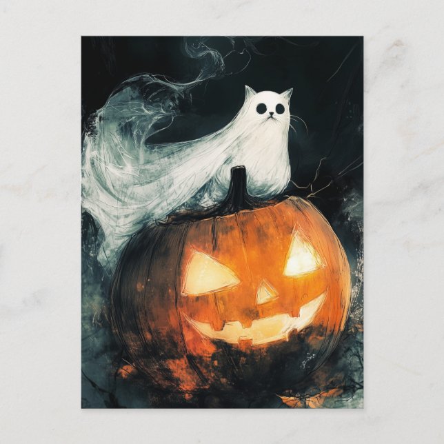 Cartão Postal Halloween GhostCat e Jack o Lanterna (Frente)