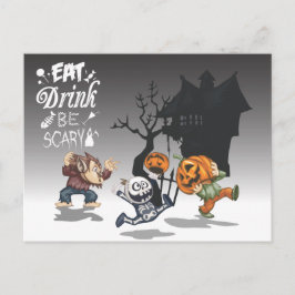 Cartão Postal Halloween Hauneen House Werewolf Skeleton Pumpkin