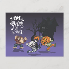 Cartão Postal Halloween Hauneen House Werewolf Skeleton Pumpkin