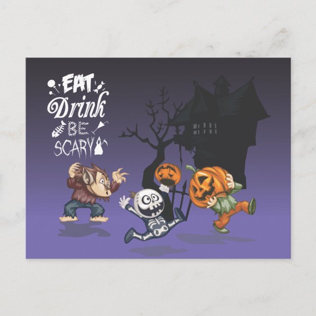 Cartão Postal Halloween Hauneen House Werewolf Skeleton Pumpkin (Frente)