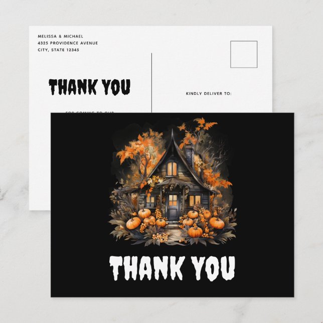 Cartão Postal Halloween Haunted House com Pumpkins Obrigado (Frente/Verso)
