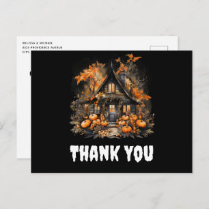 Cartão Postal Halloween Haunted House com Pumpkins Obrigado