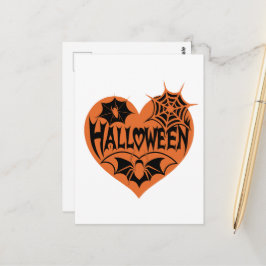 Cartão Postal Halloween Heart, Orange Heart Shape, Spider Web