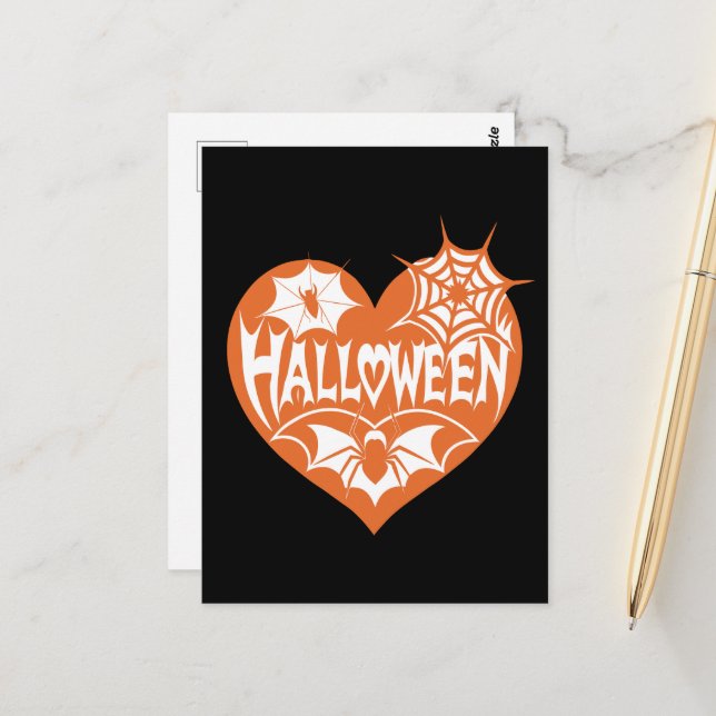 Cartão Postal Halloween Heart, Orange Heart Shape, Spider Web (Frente/Verso In Situ)
