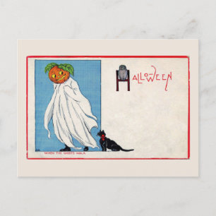 Cartão Postal Halloween Jack O Lantern Ghost Black Cat Vintage