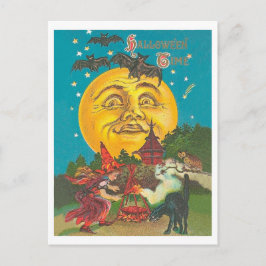 Cartão Postal Halloween, jovem bruxa na lua amarela cheio