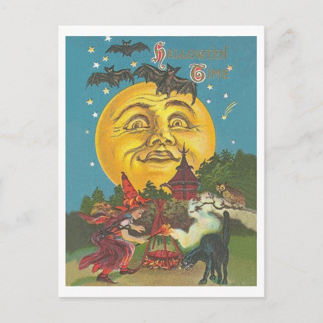 Cartão Postal Halloween, jovem bruxa na lua amarela cheio (Frente)