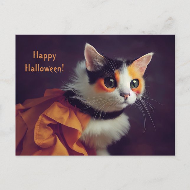 Cartão Postal Halloween. Katze im Kürbis Kostüm. (Frente)