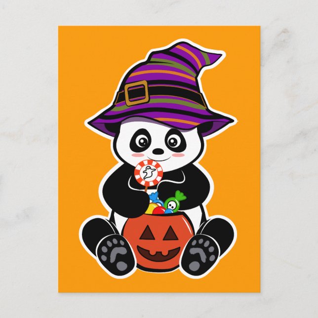 Cartão Postal Halloween kawaii Panda com doces (Frente)