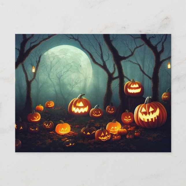 Cartão Postal Halloween Kürbisse in einem Wald bei Vollmond. (Frente)
