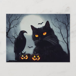 Cartão Postal Halloween Kürbisse Katze und Rabe bei Vollmond.