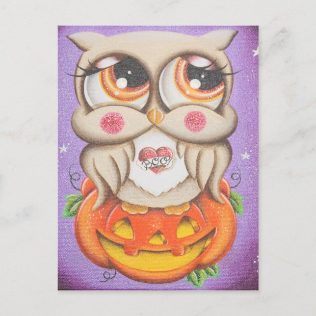 Cartão Postal Halloween Owl e Pumpkin (Frente)