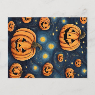 Cartão Postal Halloween Pumpkin na noite estrelada