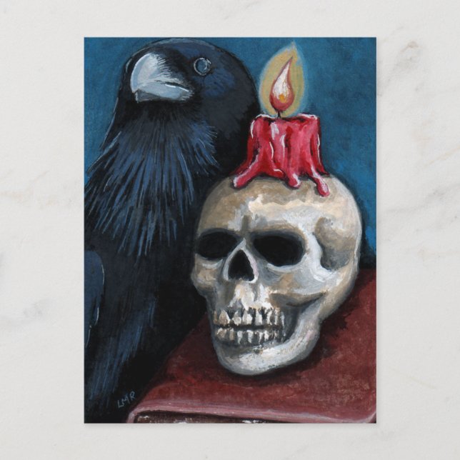 Cartão Postal Halloween Raven, Pintura De Caveira E Velas (Frente)