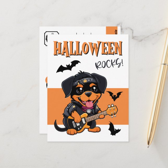 Cartão Postal Halloween Rocks Rottweiler Cartoon Tocando Violão (Frente/Verso In Situ)