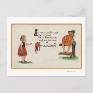 Cartão Postal Halloween Saudação Kid na Cerca