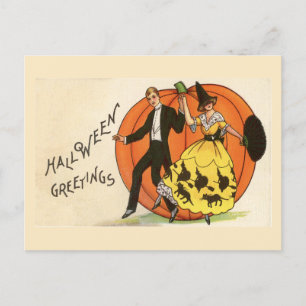 Cartão Postal Halloween Saudações Casal Dançante Pumpkin Vintage