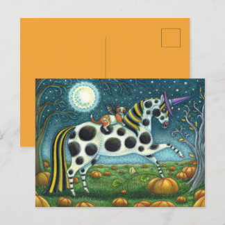 Cartão Postal HALLOWEEN SPONTTED PONY & BAT CAT Whimsical Horse