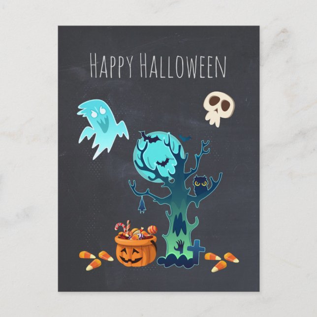Cartão Postal Halloween Spooky Ghosts Bats Skulls & Candy (Frente)