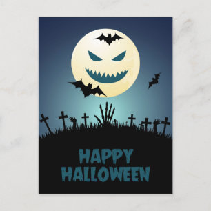 Cartão Postal Halloween Spooky Graveyard Moon Bats