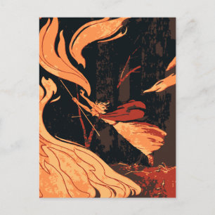 Cartão Postal Halloween Vintage, Bruxa Má com Fogo na Floresta