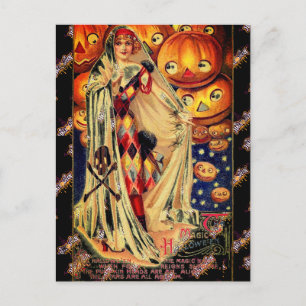 Cartão Postal Halloween Vintage Lady Jack O Lanterna Black Orang