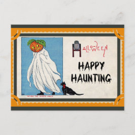 Cartão Postal Halloween Vintage Pumpkin Ghost Happy Haunting
